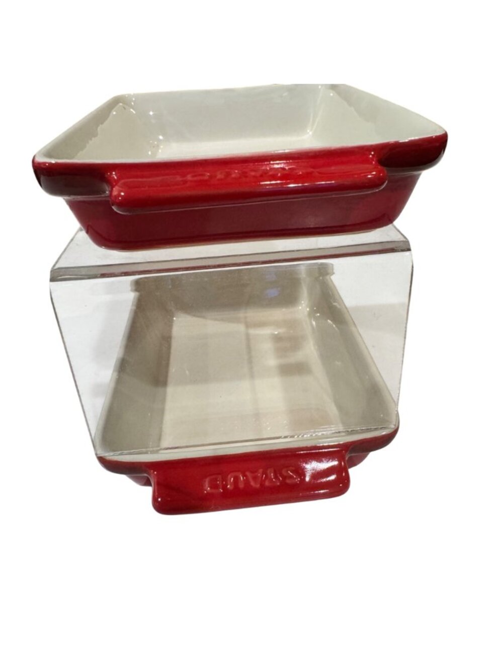 2 Staub Ceramic Rectangular Individual Baking Dishes Set Cherry Red Cream 6.5 in - Picture 7 of 14